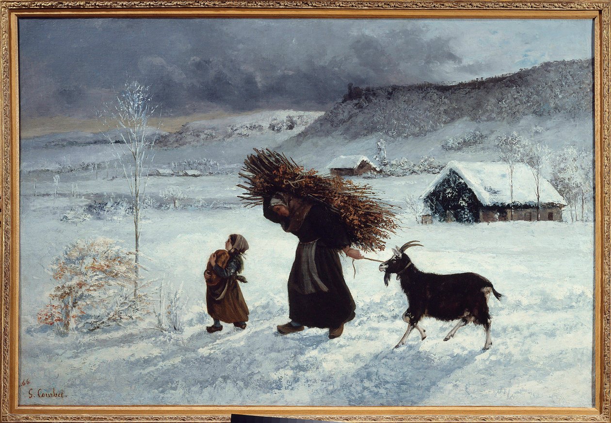 Byarmod, Ornans. En bonde och hennes dotter tar med bröd, vedbankar och en get som vinterförråd. Målning av Gustave Courbet (1819-1877) 1800-talet sön. 1,26 X 0,85 m. Privat samling av Gustave Courbet