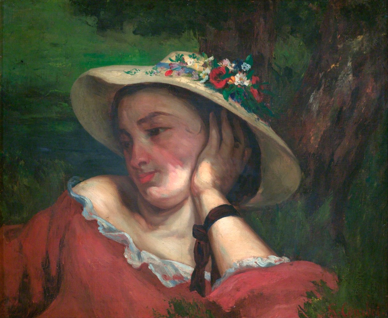 Kvinna med blommor på hatten - Courbet, Gustave (1819-1877) - 1857 - Olja på duk - Nationalgalleriet, Prag av Gustave Courbet