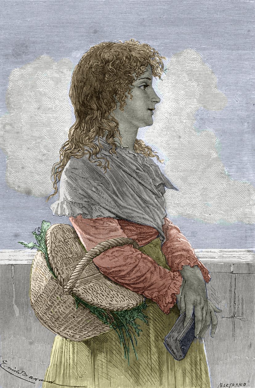 Franska revolutionen: "" Porträtt av Manon (Jeanne Marie) Roland Philipon dite Madame Roland (1754-1793), medlem av Girondin-partiet, ung flicka" - Gravyr från "" Illustrious Women" av Gustave Demoulin - 1887 - "" Manon ( Jeanne Marie) Roland Philipon ring av Gustave Demoulin