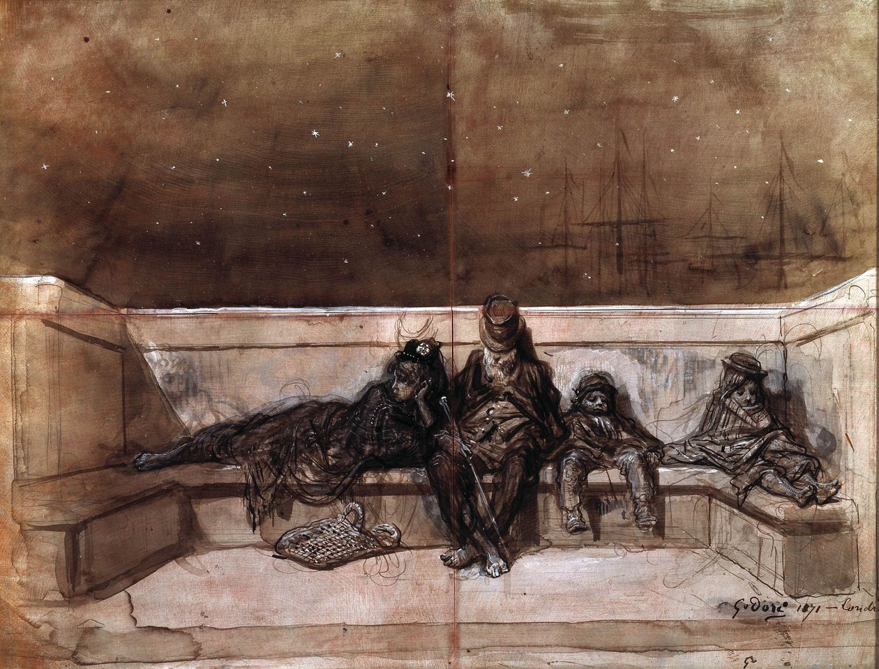 Ett par och två barn som sover på en Londonbro) av Gustave Dore av Gustave Dore