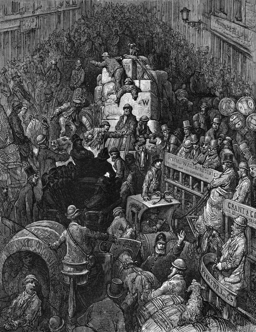 "En genomfartsled i en stad": Från Gustave Dore och Blanchard Jerrold London: En pilgrimsfärd till London 1872. Scen av kaotisk trafikstockning med en Londonpolis som försöker få fart på fordonen. Trägravyr. av Gustave Dore