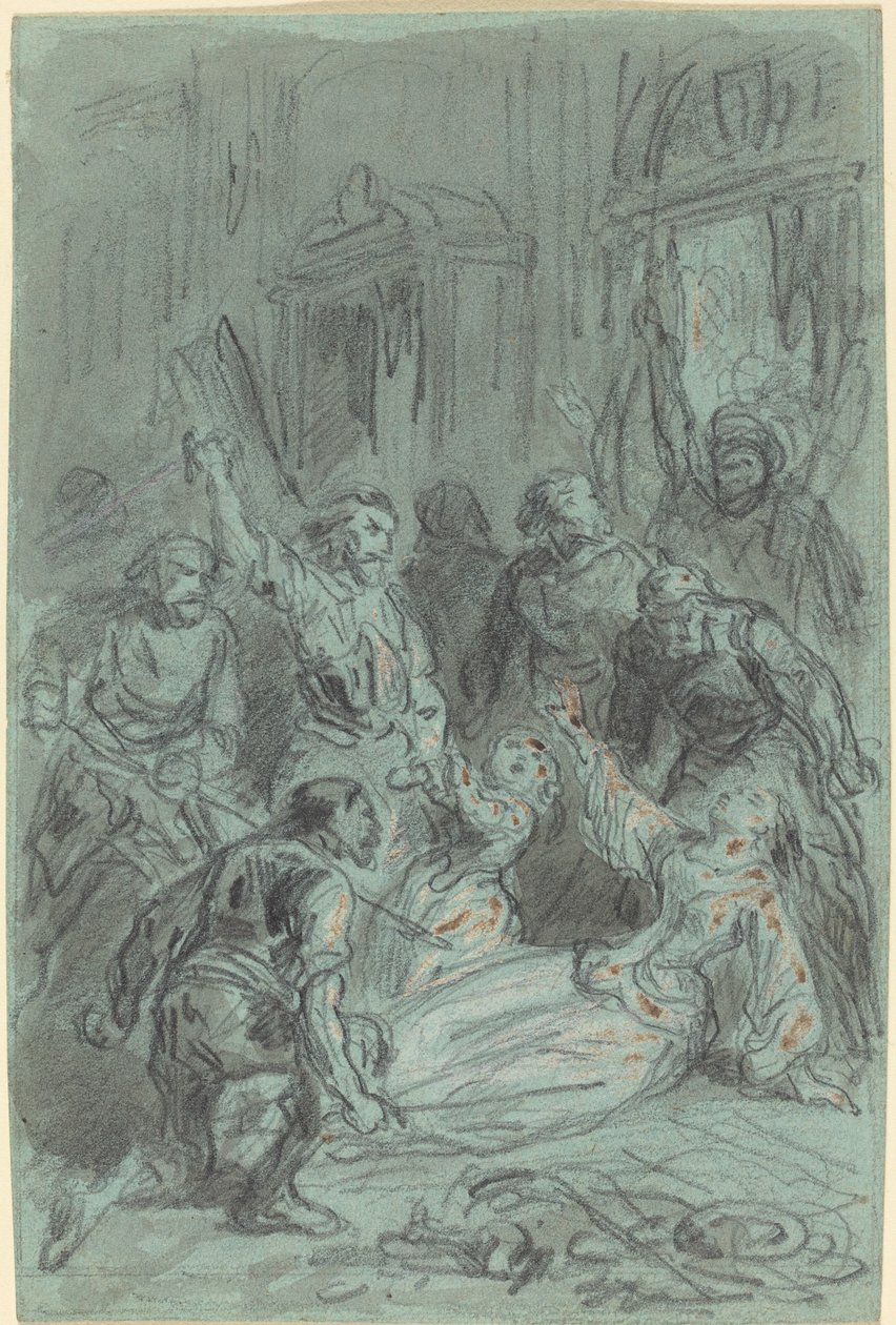 En dramatisk scen med en kvinna som svimmar av Gustave Dore