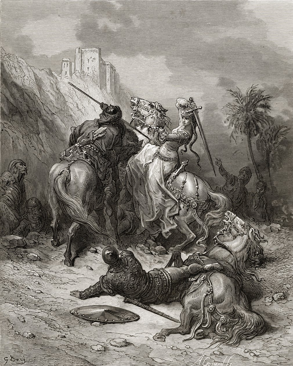 En hjältinna Florine av Bourgogne, illustration från "Bibliotheque des Croisades" av J-F. Michaud, 1877 av Gustave Dore