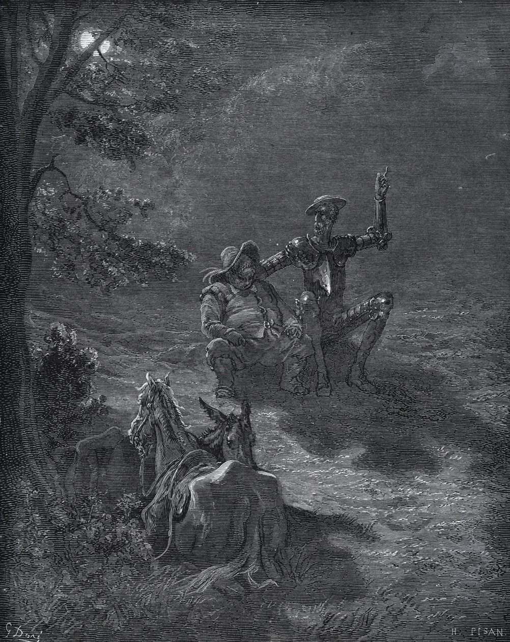 A Nocturnal Discourse - från "Don Quixote de la Mancha" av Miguel Cervantes (1547-1616) (Don Quijote) - Träsnitt efter teckning av Gustave Dore av Gustave Dore