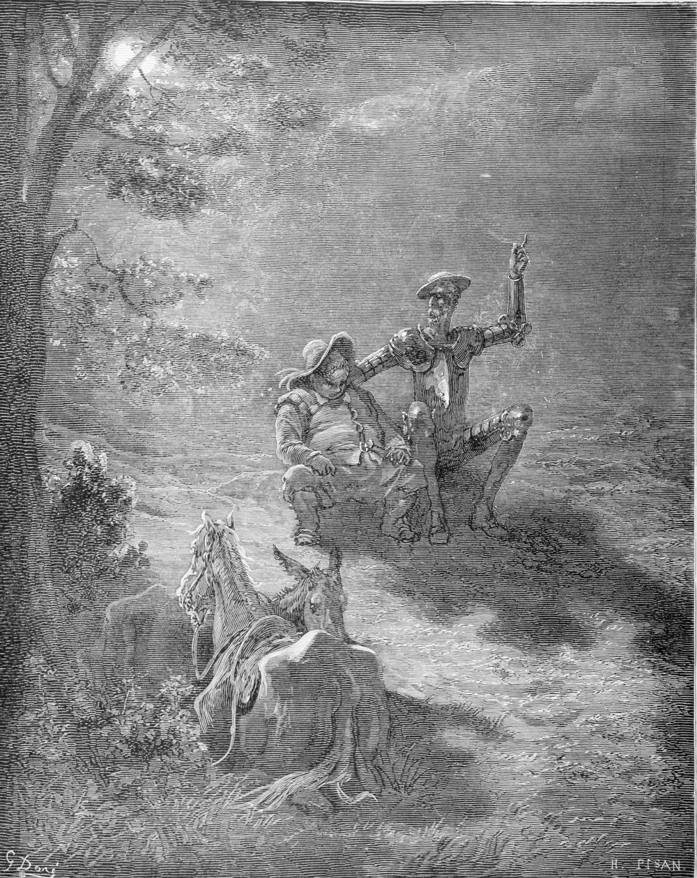Ett nattligt samtal, ur "Don Quijote de la Mancha" av Miguel Cervantes (1547-1616), graverat av Heliodore Joseph Pisan (1822-90) ca 1868. av Gustave Dore