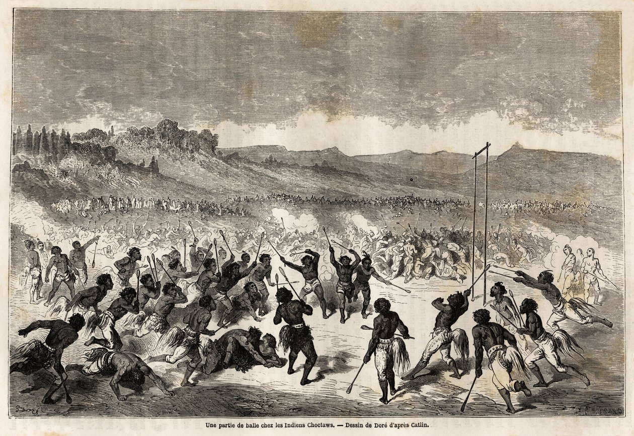 Ett bollspel bland Choctaws-indianerna, stammen i Mississippi-regionen, ritat av Gustave Dore (1832-1883), för att illustrera Mississippi-resan till Stilla havet 1853-54 av Baudouin Mollhausen (1825-1905). Gravyr i "" Le tour du monde, nouveau j av Gustave Dore