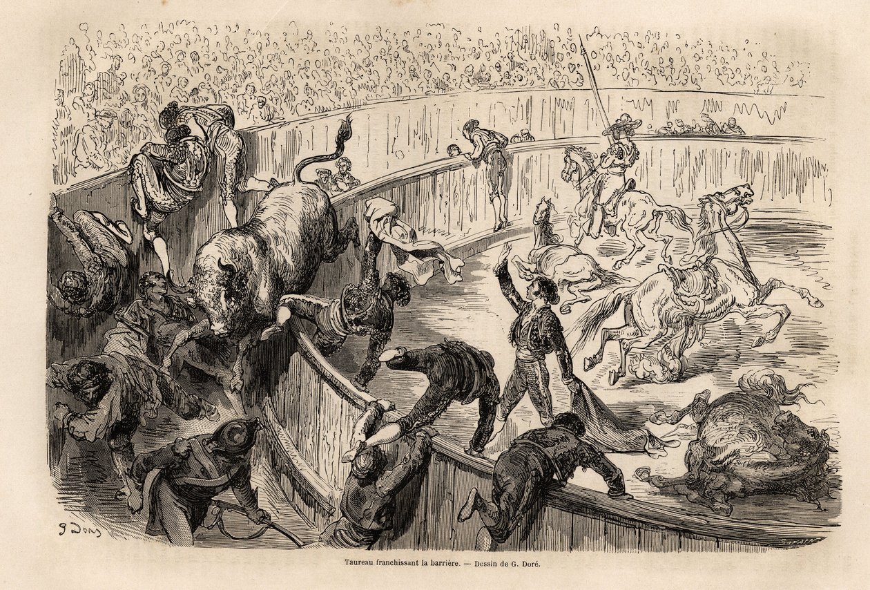 En tjur som korsar barriären, under en tjurfäktning i Valencia, teckning av Gustave Dore (1832-1883), för att illustrera hans resa till Spanien, med C. Davillier, 1862. Gravyr i "" Le tour du monde "", redigerad av Edouard Charton av Gustave Dore