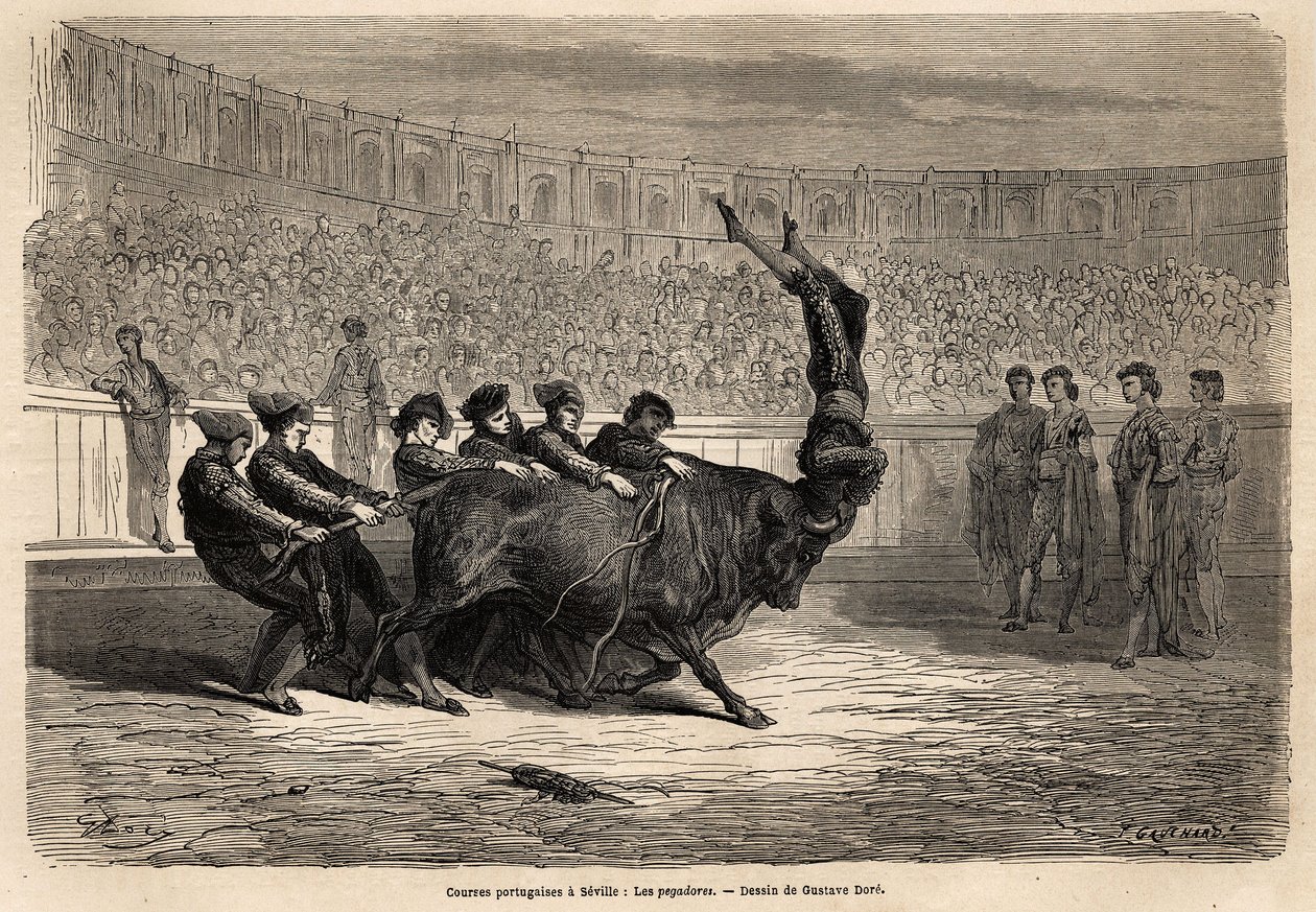 En tjurfäktningsscen, Pegatores i Sevilla av Gustave Dore