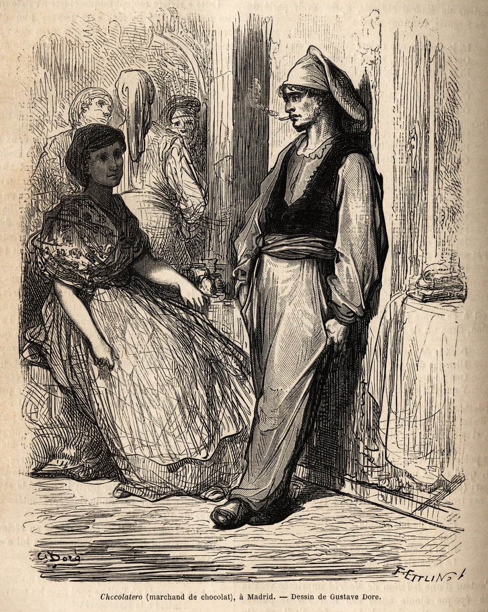En chokladhandlare i det fria, skiss på det livliga taget i Madrid. Gravyr av Gustave Dore (1832-1883) för att illustrera hans resa till Spanien, med Ch. Davillier (redaktör), 1862, publicerad i "" Le tour du monde""" 1869, redigerad av Edouard Charton, Ha av Gustave Dore
