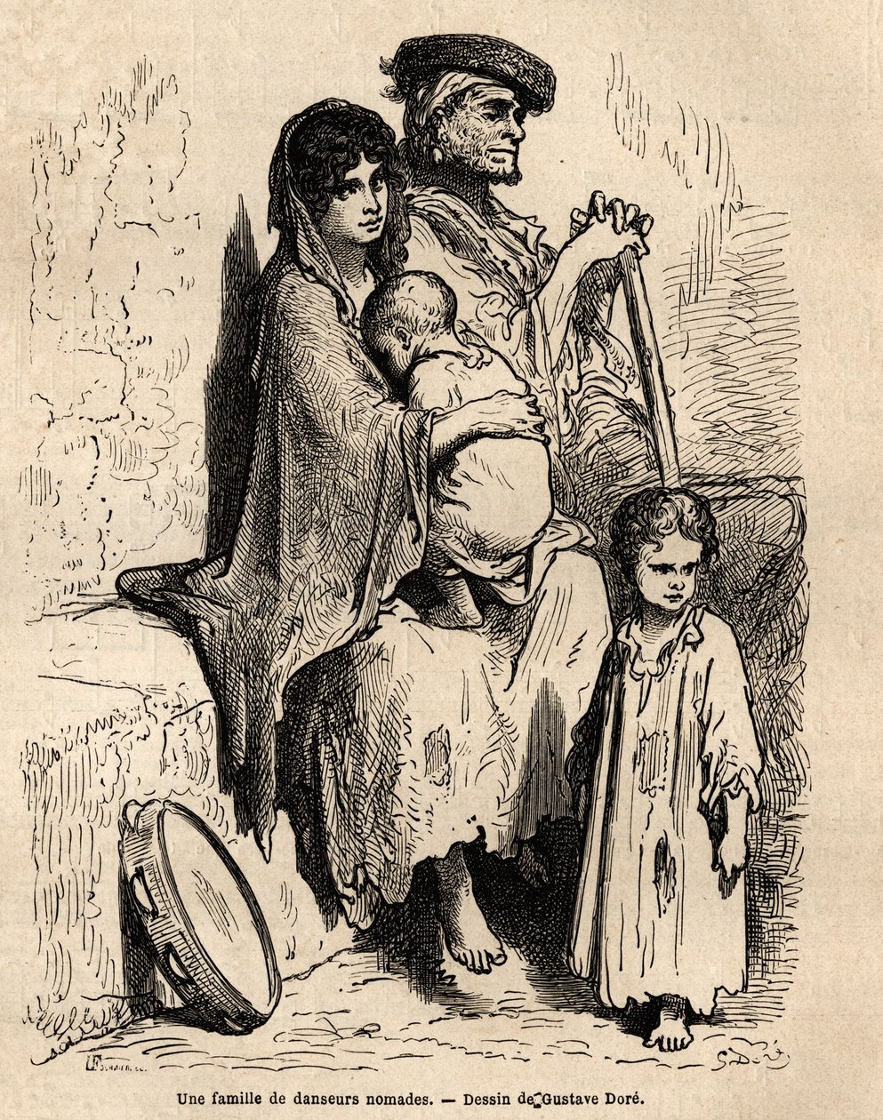 En familj av nomaddansare som vilar på Sevillas gator. Skiss tagen live av Gustave Dore (1832-1883). Gravyr för att illustrera resan i Spanien, 1862 av Charles Davillier och Gustave Dore, i "Le tour du monde, nouveau journal des voyag av Gustave Dore