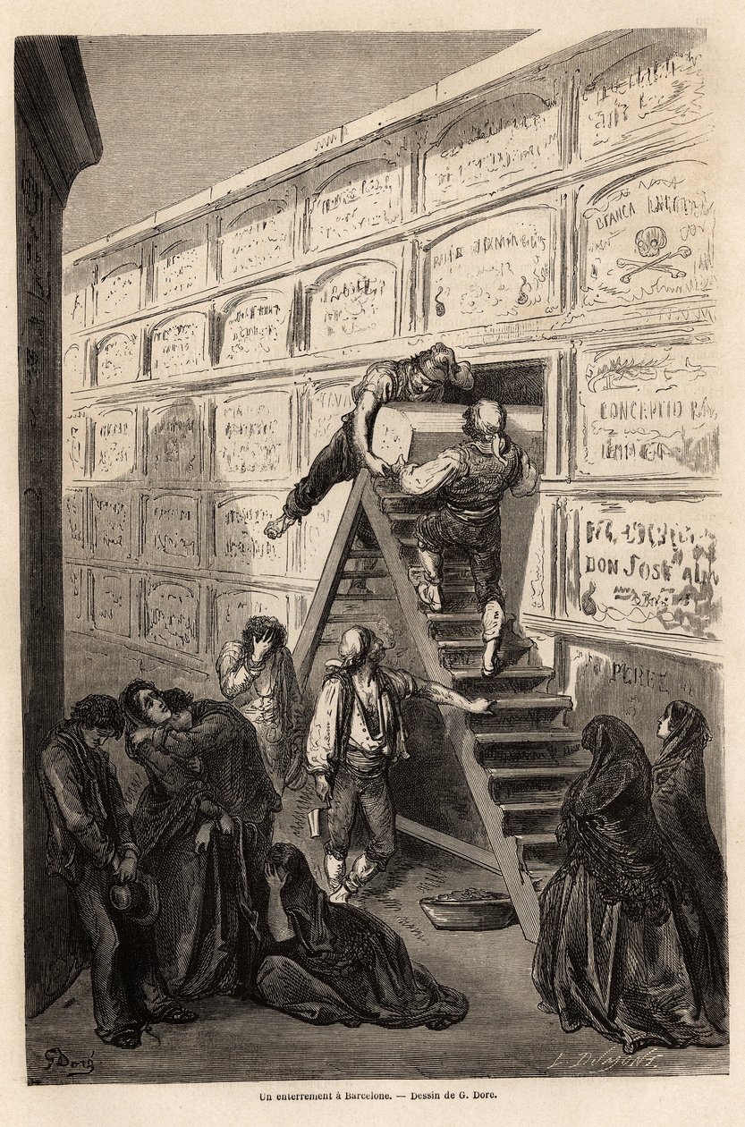En begravning i Barcelona, teckning av Gustave Dore (1832-1883), för att illustrera hans resa till Spanien, med C. Davillier, 1862. Gravyr i "" Le tour du monde ", redigerad av Edouard Charton av Gustave Dore