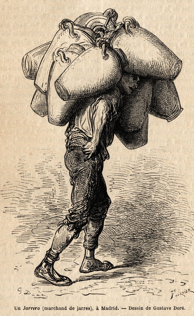 En burkhandlare, skiss på det livliga taget i Madrid. Gravyr av Gustave Dore (1832-1883) för att illustrera hans resa till Spanien, med Ch. Davillier (redaktör), 1862, publicerad i "" Le tour du monde""" 1869, redigerad av Edouard Charton, Hachette-upplaga av Gustave Dore