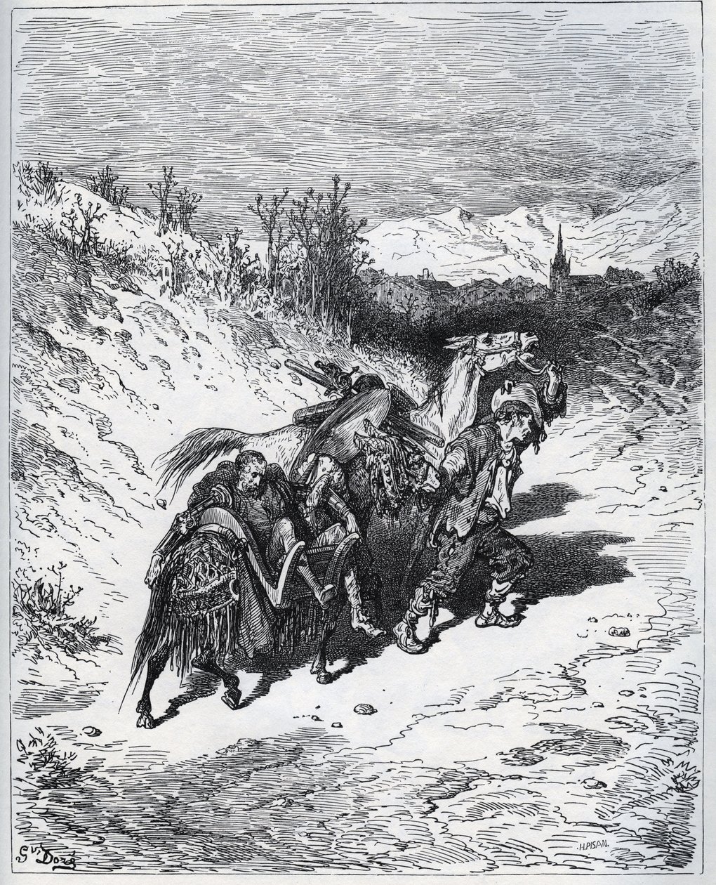 En plöjare för Don Quijote och Rossinante tillbaka till byn - från "Don Quixote de la Mancha"" av Miguel Cervantes av Gustave Dore