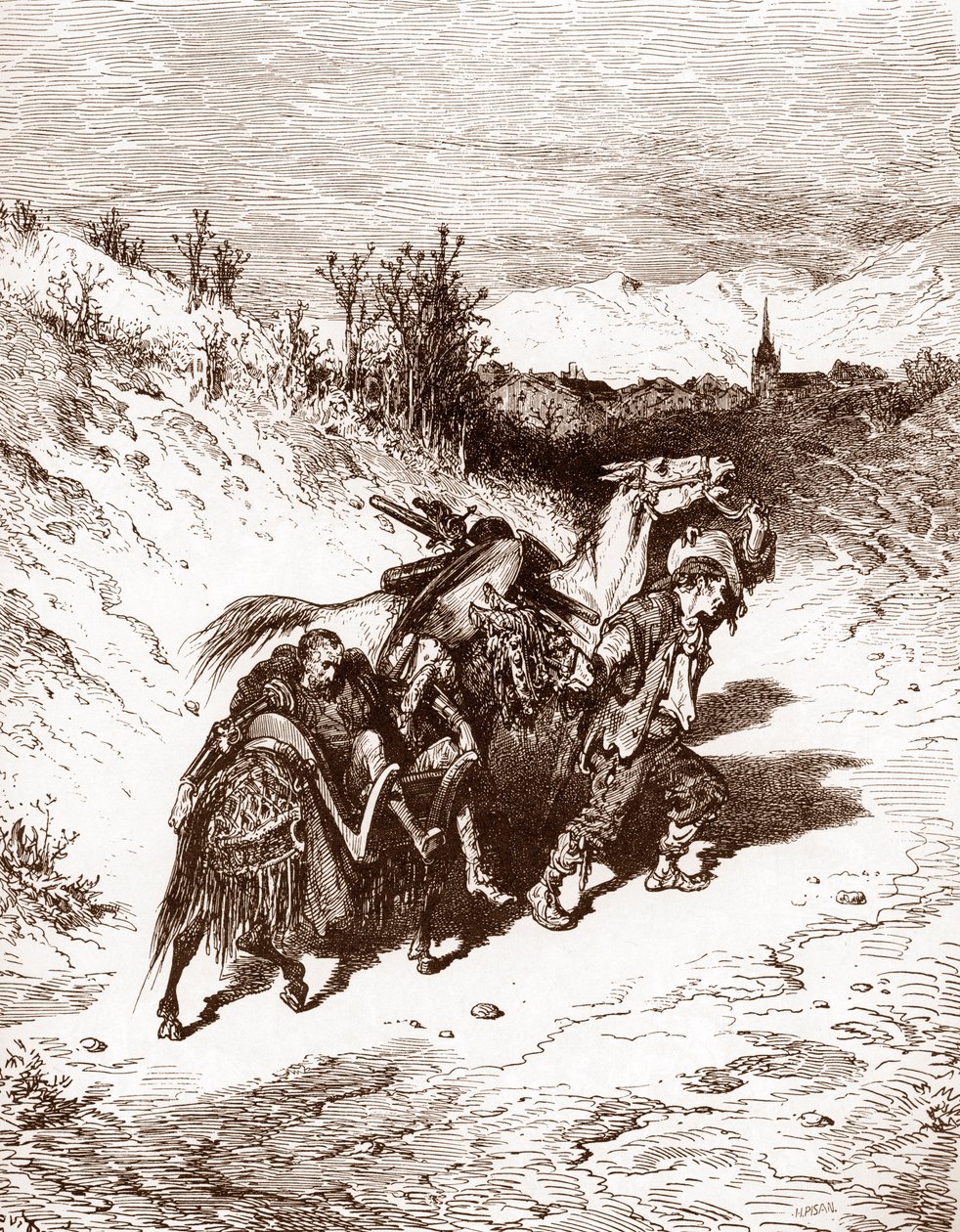 En plogman från sin egen by tar hem Quijote Gravyr av Gustave Dore (1832-1883) för "L