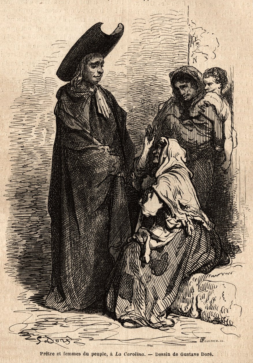 En präst och en kvinna av folket, klädda i trasor; de professionella spanska tiggarna slog sig ner på kyrkornas domstolar för att skickligt utnyttja den kristna välgörenheten. Skiss tagen live av Gustave Dore (1832-1883). Gravyr för att illustrera resan av Gustave Dore