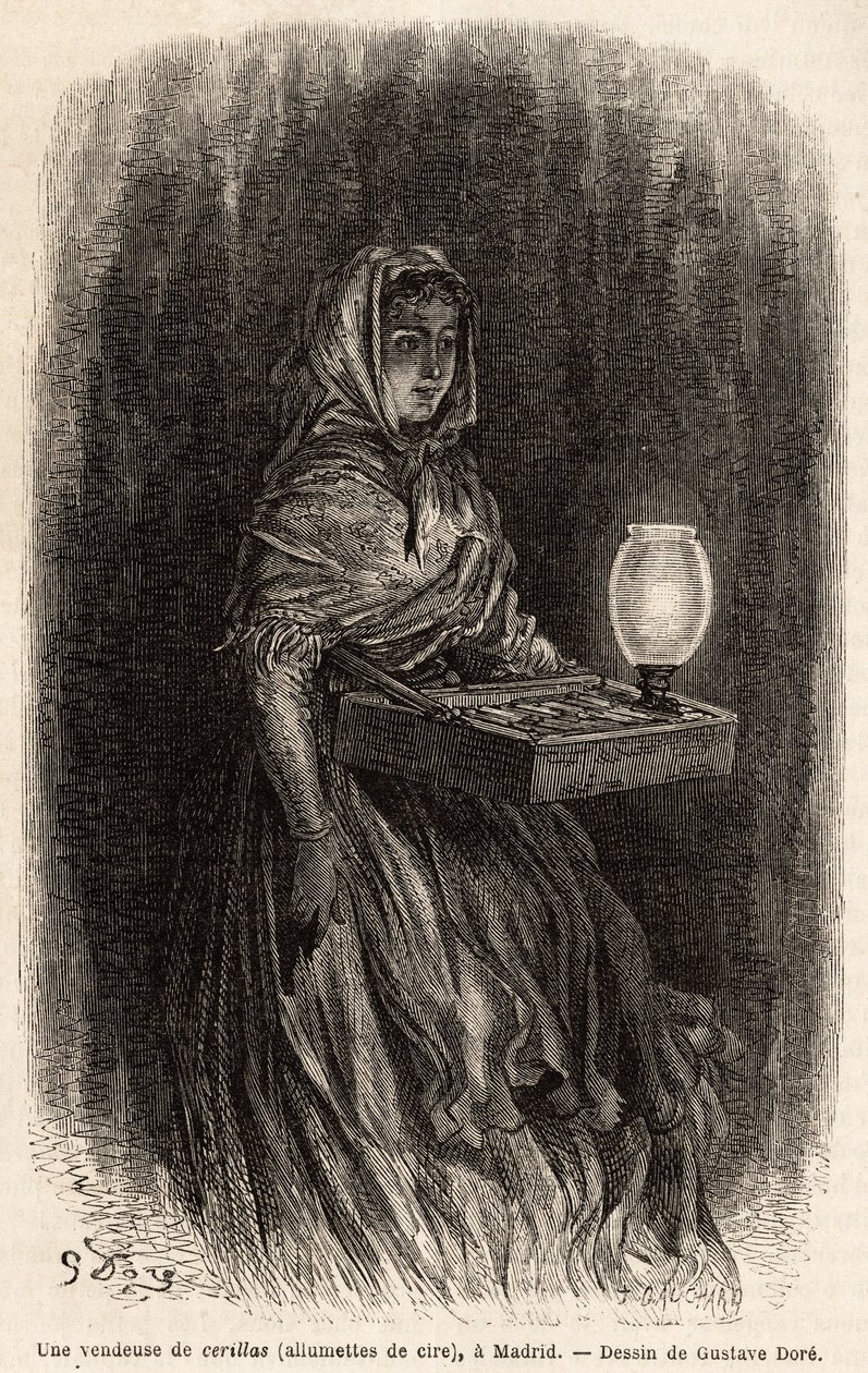 En försäljare av vaxtändstickor, skissar live i puerta del sol, i Madrid. Gravyr av Gustave Dore (1832-1883) för att illustrera hans resa till Spanien, med Ch. Davillier (redaktör), 1862, publicerad i "" Le tour du monde""" 1869, redigerad av Edouard Chart av Gustave Dore