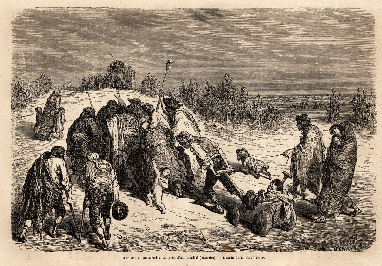 En trupp av tiggare och handikappade, en veritabel domstol av mirakel, är på väg mot en flit för att be om almon i närheten av Almuradiel (Manchaprovinsen). Teckning av Gustave Dore (1832-1883). Gravyr för att illustrera resan i Spanien, 1862 av Charles av Gustave Dore