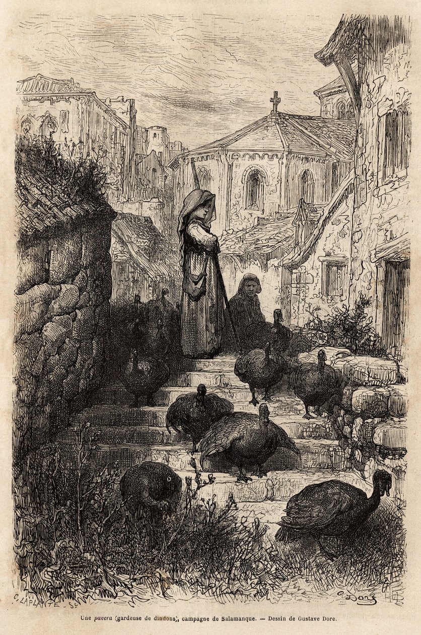 En kalkonskötare, på gatorna i en by på landsbygden i Salamanca. Teckning av Gustave Dore (1832-1883). Gravyr för att illustrera resan i Spanien, av Charles Davillier, 1862, publicerad i "" Le tour du monde""" 1872, redigerad av Edouard Chart av Gustave Dore