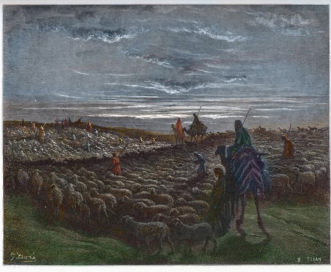 Abraham på resa in i Kanaans land - Abram bosatte sig i Kanaans land - gravering i "The Bible illustree" av Gustave Dore (1832-1883) - Gravyr från "" The Dore Bible" av Gustave Dore