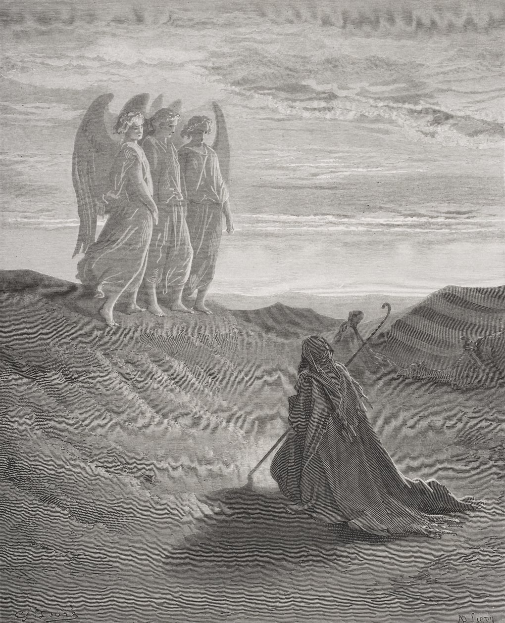 Abraham och de tre änglarna, illustration från Dores "The Holy Bible", graverad av Ligny, 1866 av Gustave Dore