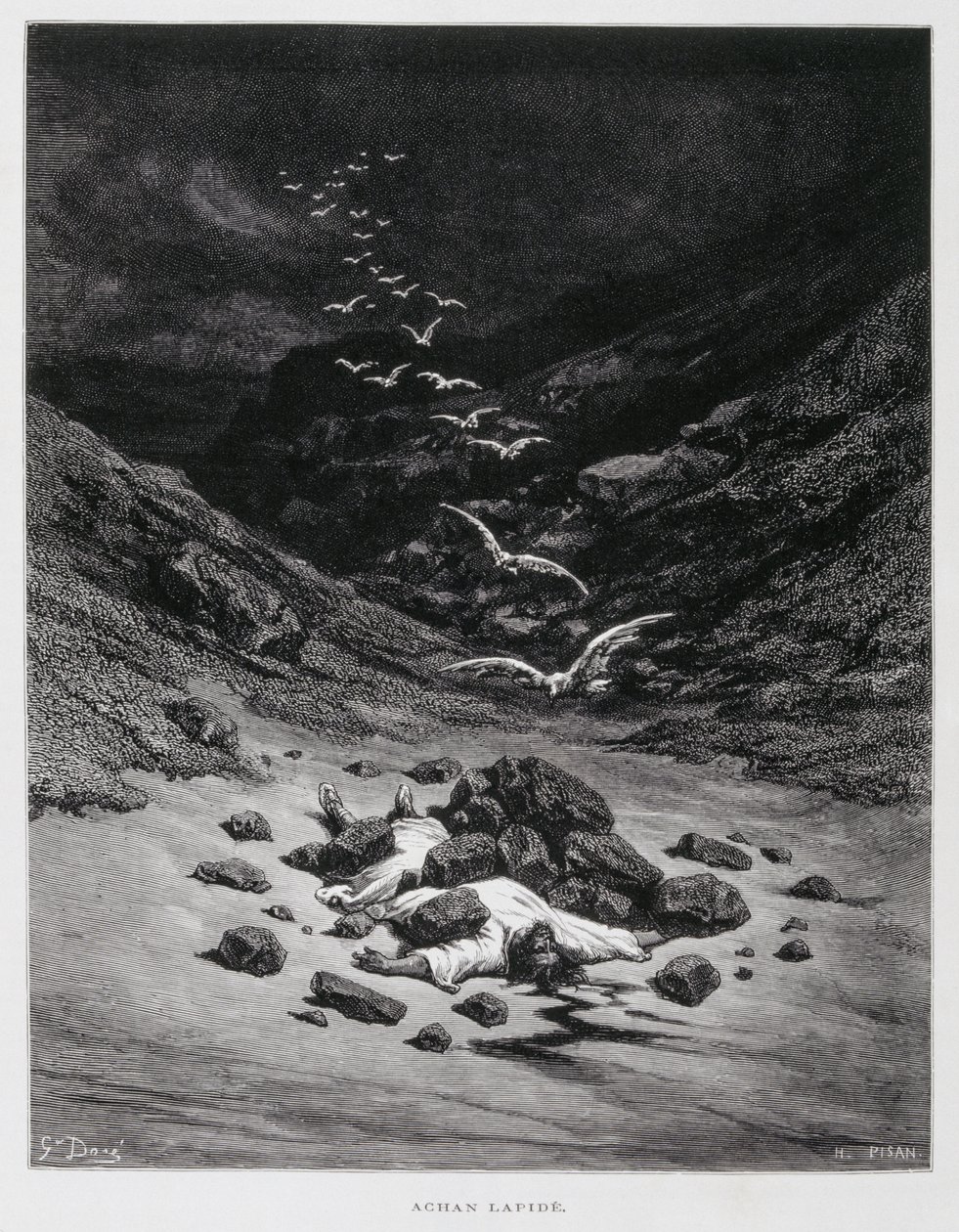 Akan stenas till döds (Jos. 7:1,10-26), Illustration från Dore-bibeln av Gustave Dore