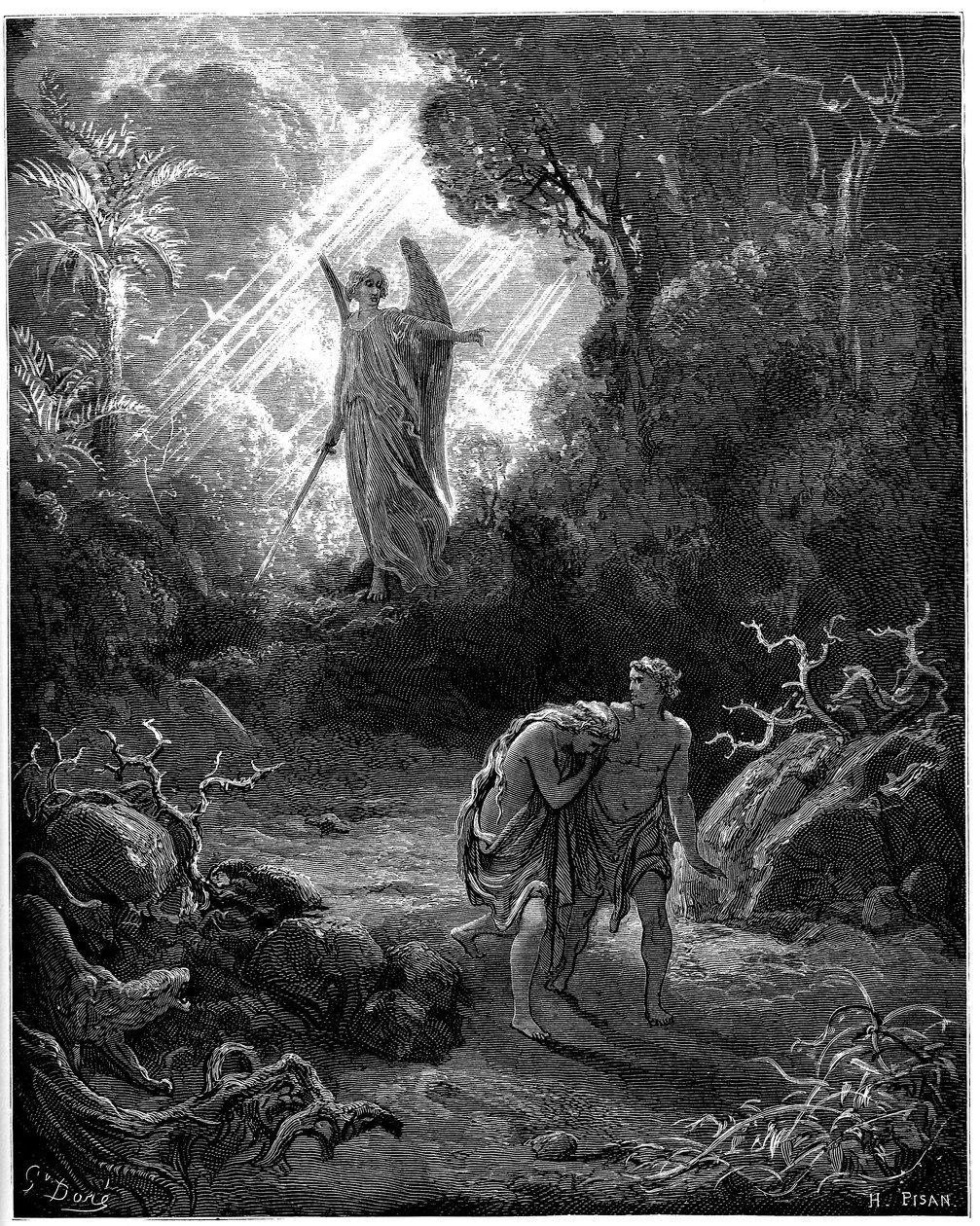 Adam och Eva jagas från paradiset - Illustration av Gustave Dore för The Bible - av Gustave Dore