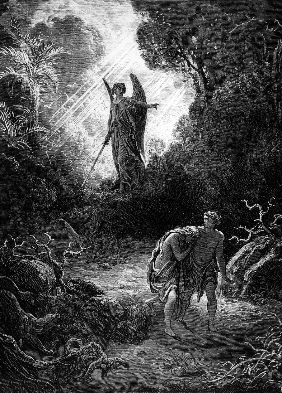 Adam och Eva jagas från paradiset. Gravyr av Gustave Dore. Mame Edition 1891. av Gustave Dore