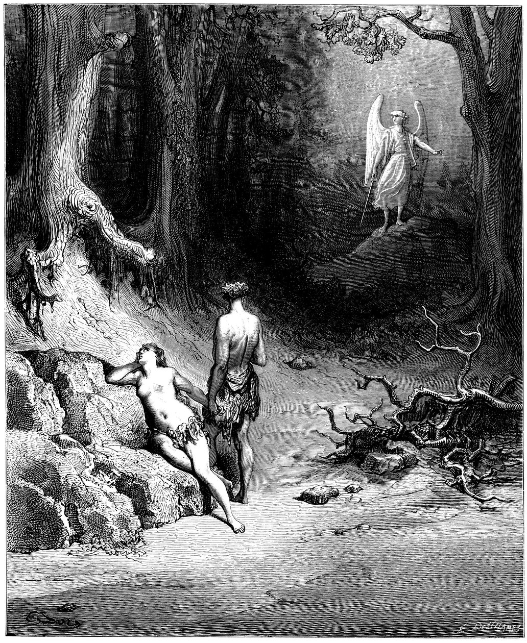 Adam och Eva jagas från paradiset. Illustration av Gustave Dore till "Det förlorade paradiset" av John Milton (1608-1674). Gravyr från 1866. Privat samling av Gustave Dore