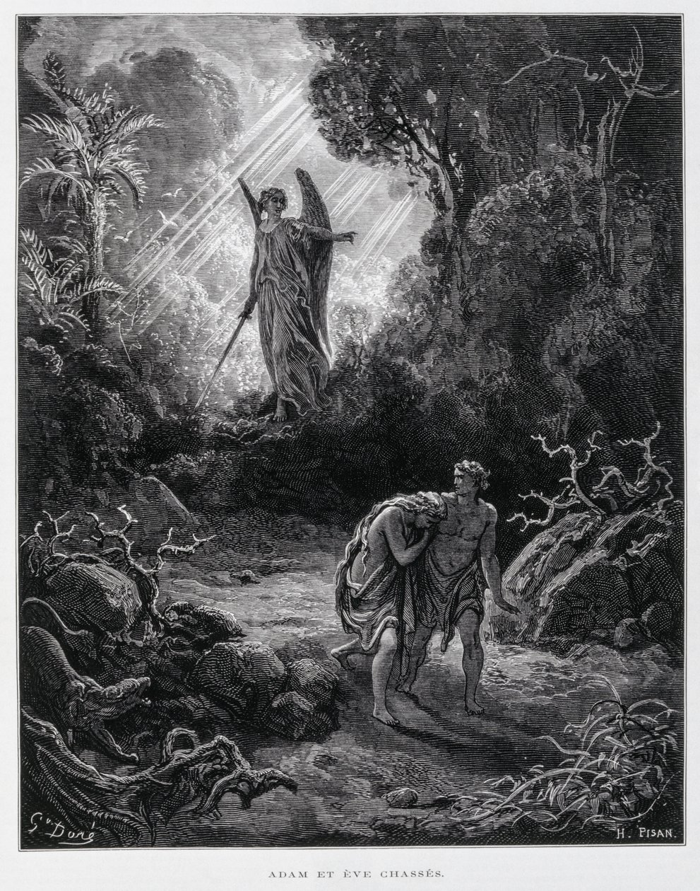 Adam och Eva förvisas från Edens lustgård av en ängel, illustration från Dore-bibeln av Gustave Dore