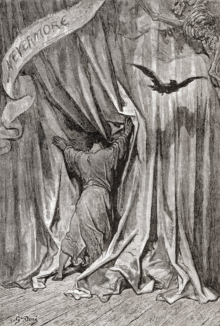 Efter en teckning av Gustave Dore till Edgar Allan Poes dikt Korpen. Ur Life and Reminiscences of Gustave Dore, publicerad 1885. av Gustave Dore