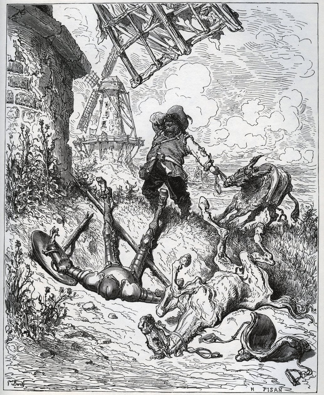 Efter attacken ger väderkvarnarna - "" Misericorde! "" Sancho - från "" Don Quixote de la Mancha"" av Miguel Cervantes (1547-1616) (Don Quijote) - Träsnitt efter teckning av Gustave Dore av Gustave Dore