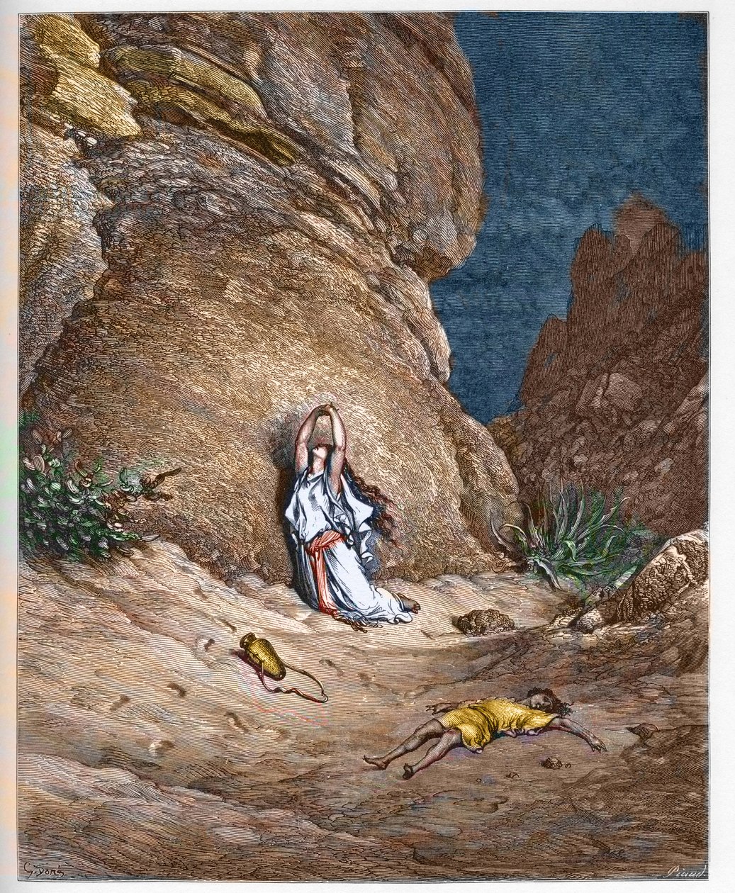Agar (Hagar) och hennes son Ismail (Ishmael), i öknen efter att ha blivit utdrivna av Abraham - Agar (Hagar) och son Ismael (Ismael), i öknen efter att ha blivit jagade av Abraham - gravering i "" Bibeln illustree"" av Gustave Dore (1832-1883) - Gravyr fr av Gustave Dore
