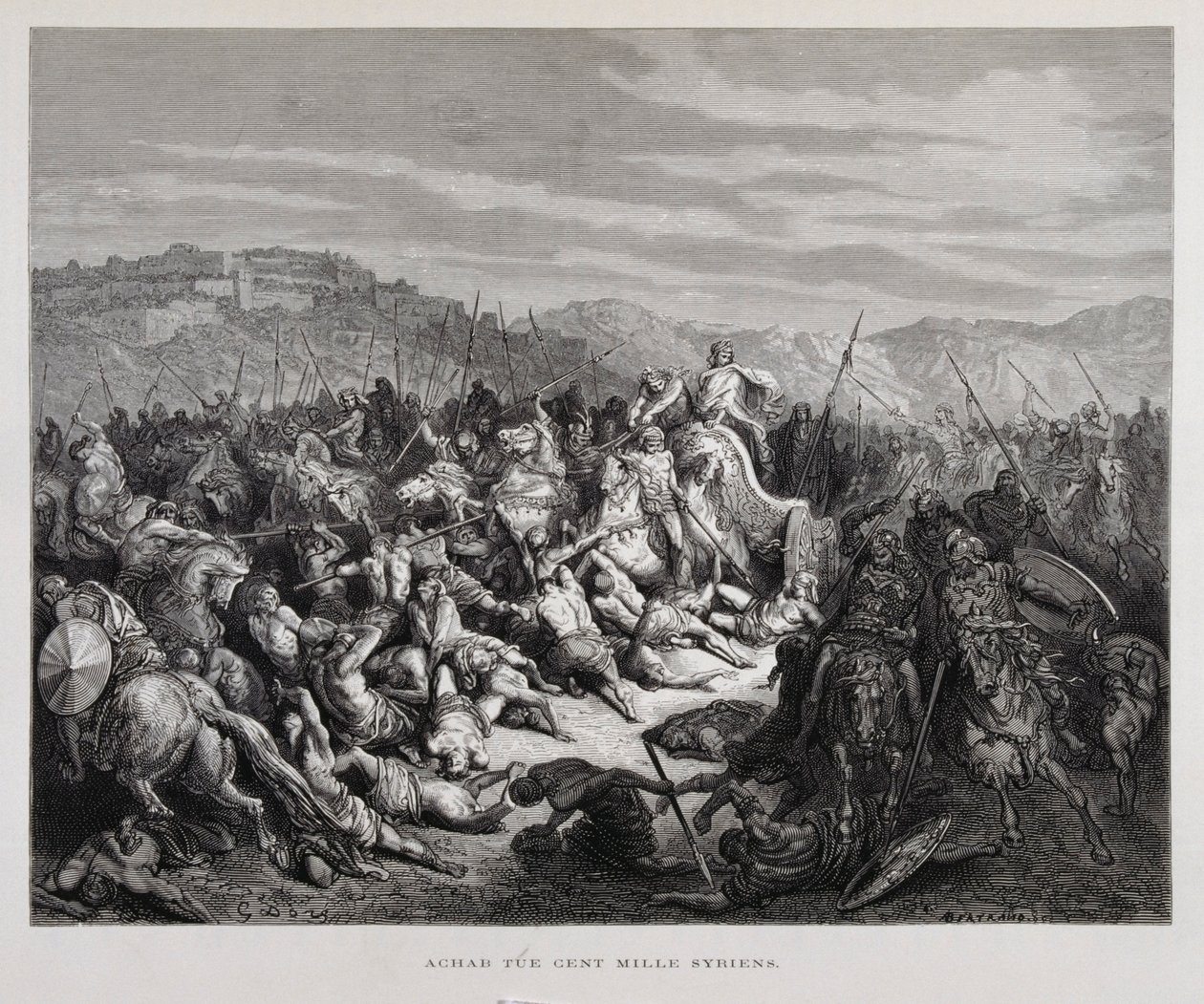 Ahab kämpar mot assyrierna i slaget vid Qarqar , Illustration från Dore-bibeln av Gustave Dore