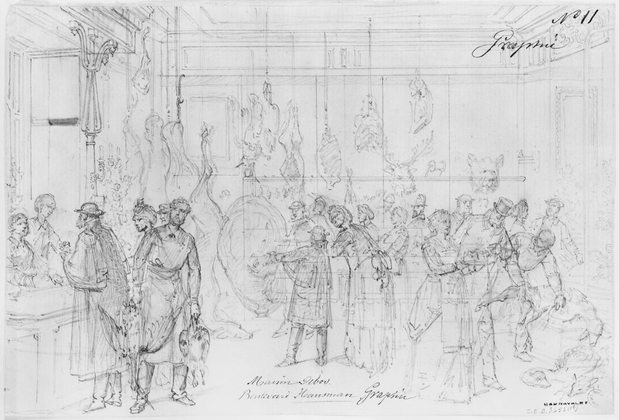 Album of the Siege of Paris, Maison Debos, boulevard Haussmann (penna och brunt bläck tvätt och penna på papper) av Gustave Dore