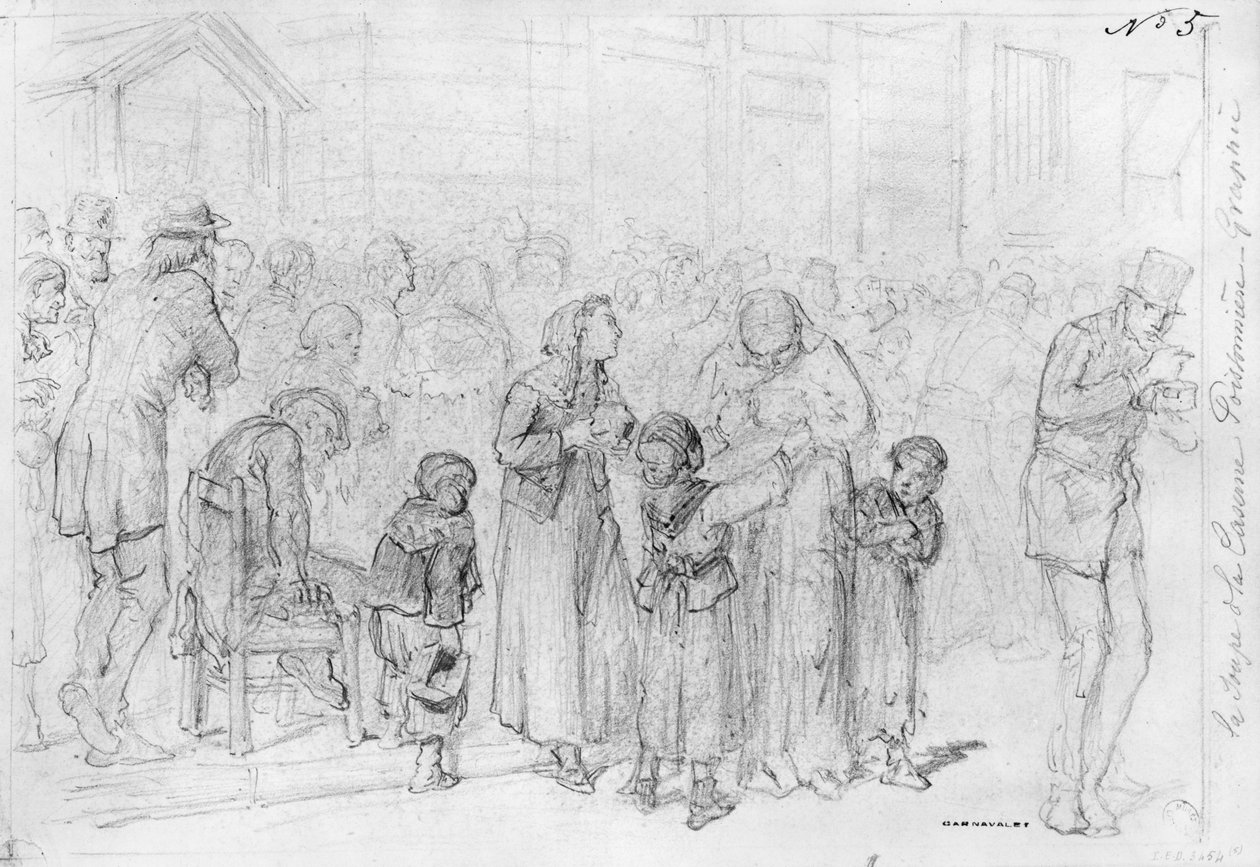 Album av belägringen av Paris, soppan från Poissonniere-barackerna (penna och brunt bläcktvätt och penna på papper) av Gustave Dore