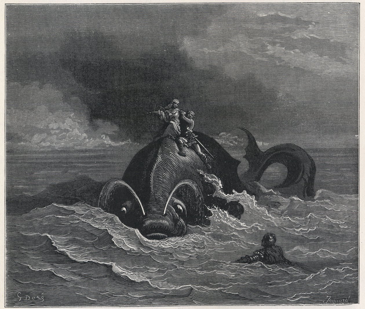 "Alcina (Alcina) och Renaud (Rinaldo) bär Astolfo (Astholfo) på ryggen av en val (Orlando furioso) av Ludovico Ariosto (1474-1533) 1800-talet (gravyr) av Gustave Dore