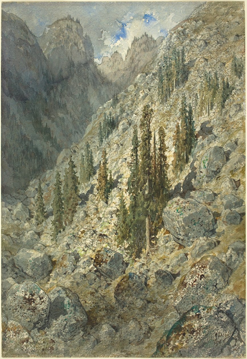 En alpin dal med träd och stenblock av Gustave Dore