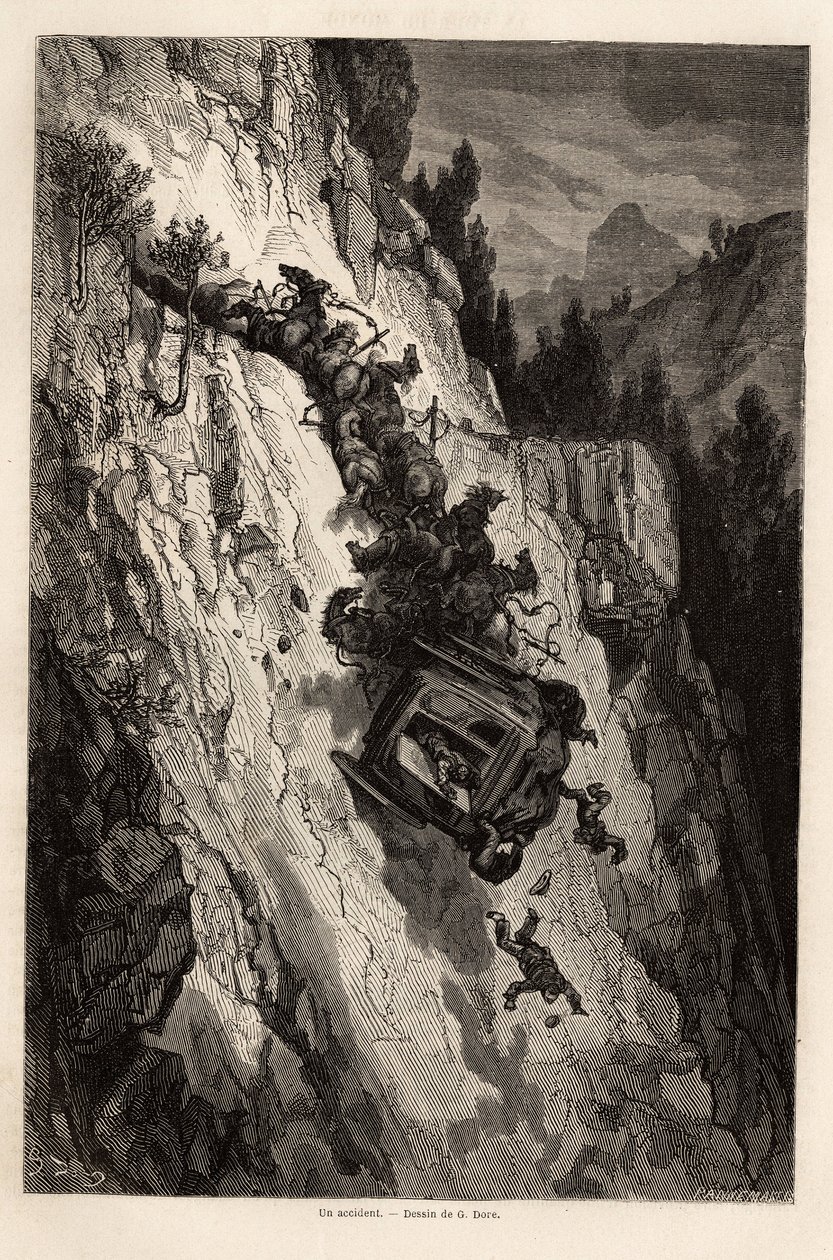 En olycka av flit, teckning av Gustave Dore (1832-1883), för att illustrera hans resa till Spanien, med C. Davillier, 1862. Gravyr i "" Le tour du monde "", redigerad av Edouard Charton av Gustave Dore