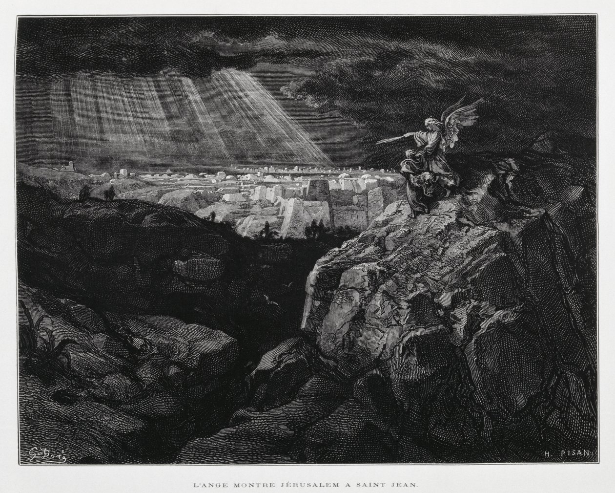 En ängel med Johannes Döparen framför Jerusalem, illustration från Dore-bibeln av Gustave Dore
