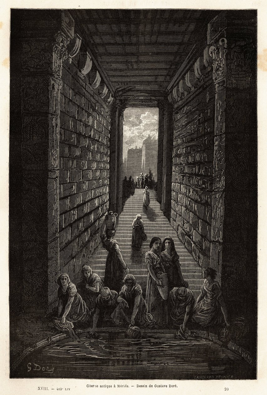 En antik cistern, fortfarande i bruk, i Merida. Gravyr för att illustrera resan till Spanien av Gustave Dore (1832-1883) illustratör och baron Ch. Davillier reaktor, 1862, publicerad i "Le tour du monde, nouveau journal des voyages", under ledning av av Gustave Dore