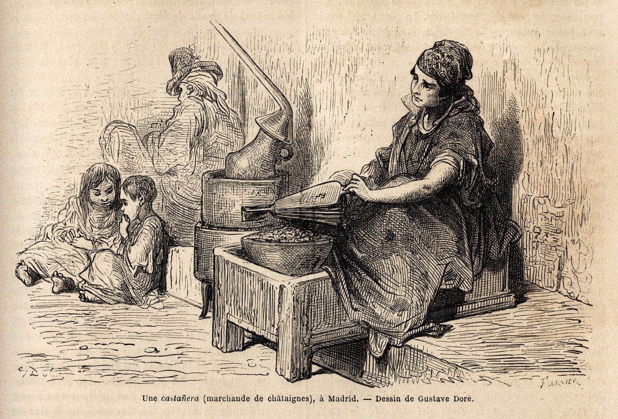En kastanjehandlare utomhus, med sin bärbara ugn, skissar på det levande i puerta del sol, i Madrid. Gravyr av Gustave Dore (1832-1883) för att illustrera hans resa till Spanien, med Ch. Davillier (redaktör), 1862, publicerad i "" Le tour du monde""" 18 av Gustave Dore