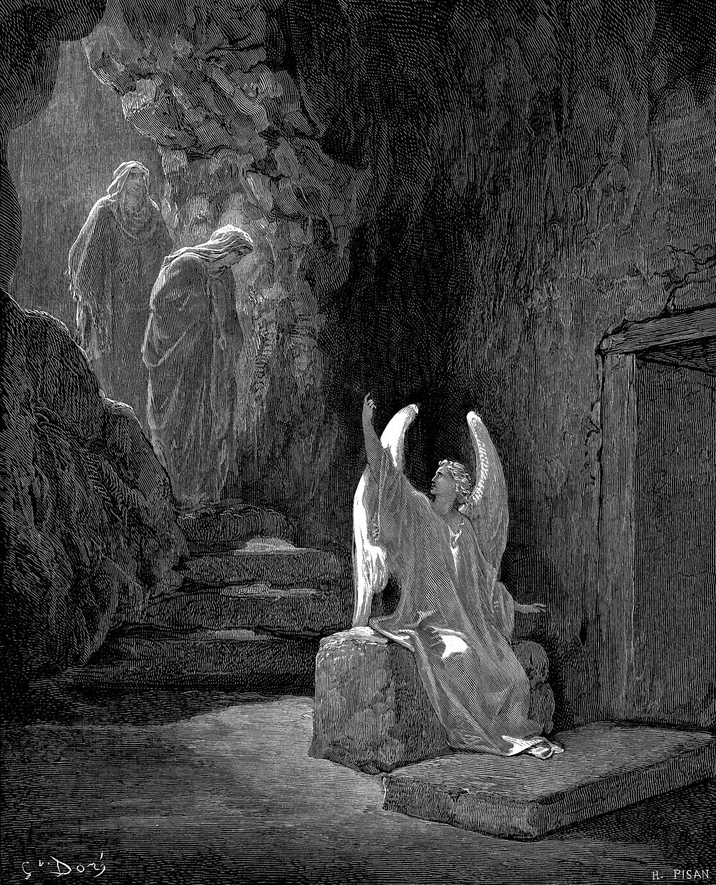 Ängel som visar Maria Magdalena och den andra Maria Kristi tomma grav, 1865-1866 av Gustave Dore