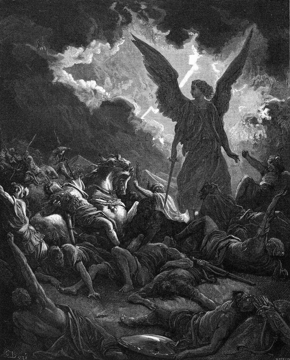 Ärkeängeln Gabriel, Guds instrument, slog Sanheribs läger och assyrierna, 1865-1866 av Gustave Dore