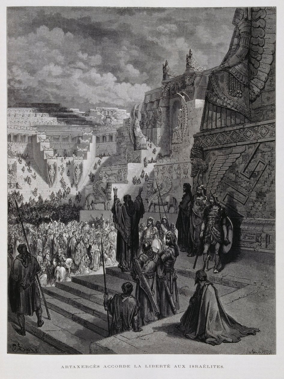 Artaxerxes ger judarna i Persien frihet, Illustration från Dore-bibeln av Gustave Dore