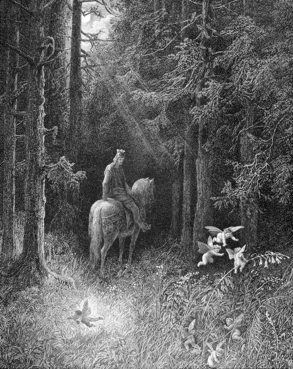 När han korsade de mörka skogarna såg han själv tre andar galna av glädje hoppa vid sidan av vägen på en stor blomma (en riddare från det runda bordet möter de tre andarna i skogen Brocéliande) - i "" Junièvre"" av Alfred Tennyson, ill. av Gu av Gustave Dore
