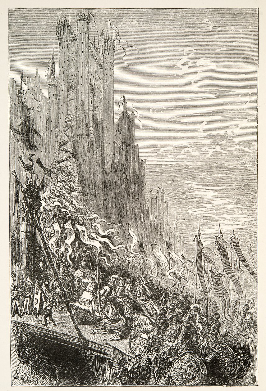 At the City of the Countess of the Fountain, från Stories of the Days of King Arthur av Charles Henry Hanson, pub.1898 av Gustave Dore