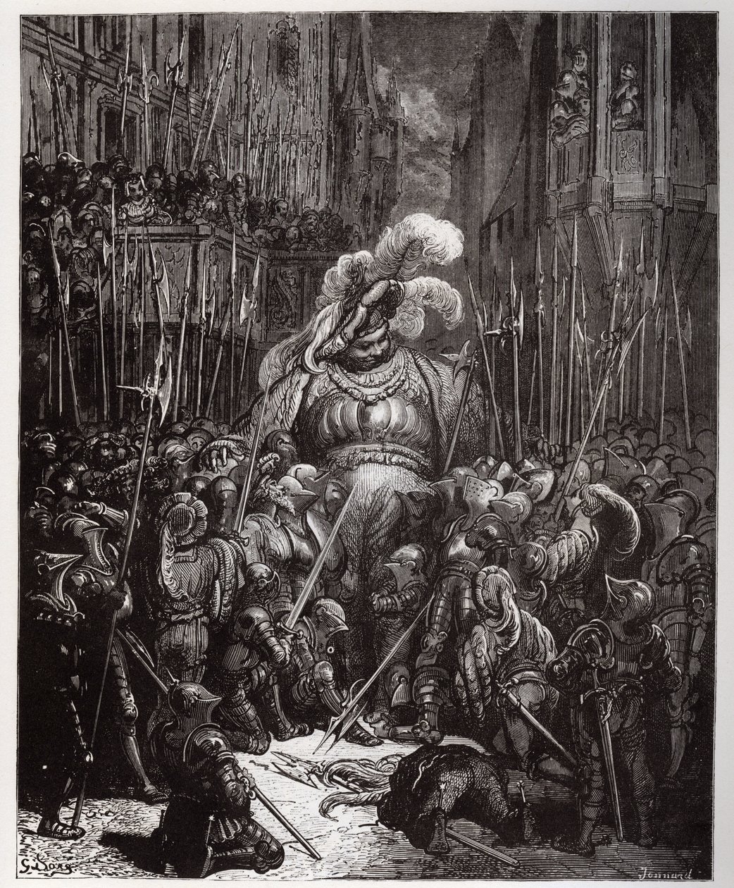 I början av ljudet tackade han nådigt alla svetsare i hans legioner - illustration från "Gargantua och Pantagruel", av Francois Rabelais - gravyr av Gustave Dore (1832-1883) av Gustave Dore