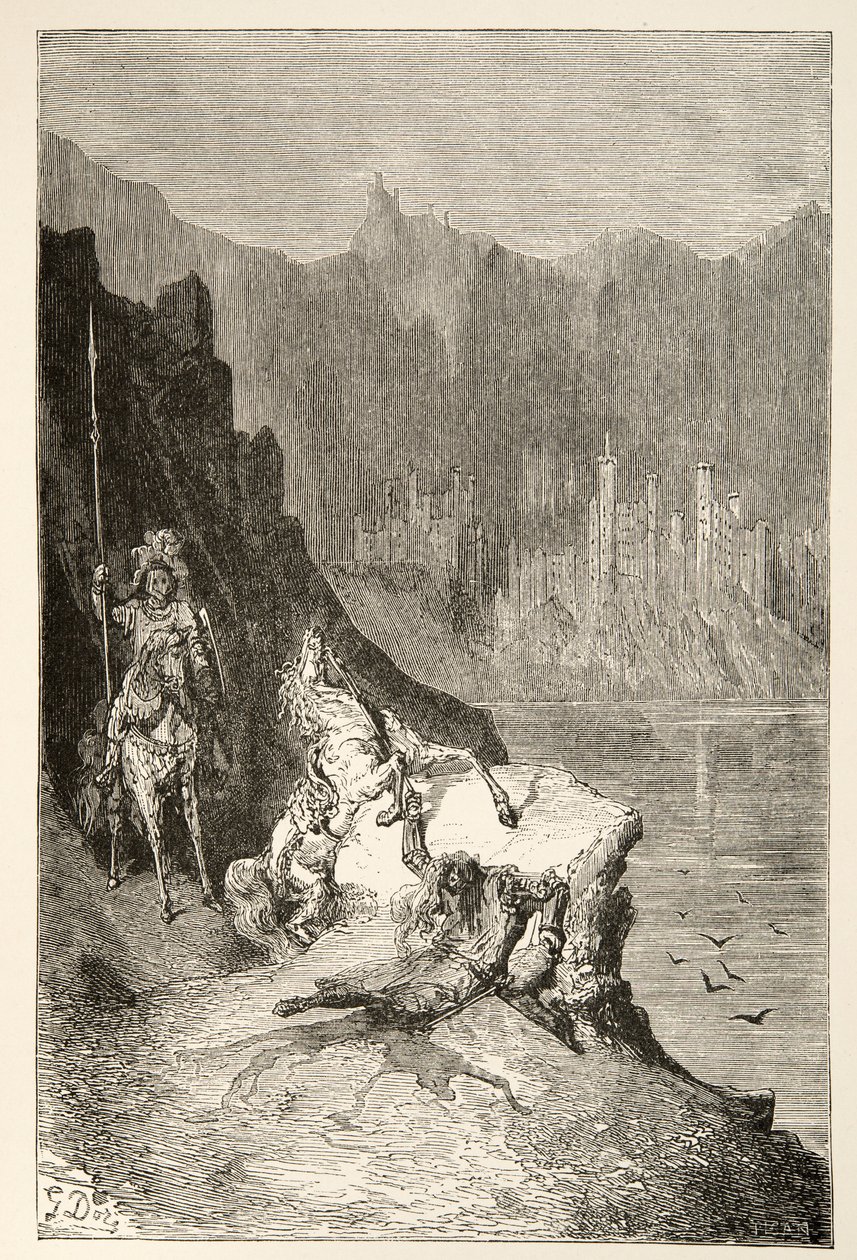 Balin Slays Sir Lanceor, från Stories of the Days of King Arthur av Charles Henry Hanson, pub.1898 av Gustave Dore