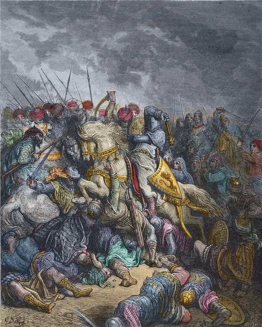 Slaget vid Arsur - Richard I Lejonhjärta (1157-1199), kung av England som deltar i det 3:e korståget - Richard Lejonhjärta i slaget vid Arsuf (1191), Tredje korståget, gravyr av Gustave Dore - från History of the Crusades av Joseph -Francois Michaud av Gustave Dore
