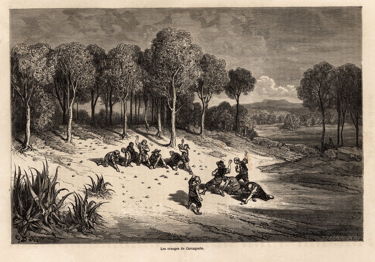 Battle of Oranges av Carcagente, teckning av Gustave Dore (1832-1883), för att illustrera hans resa till Spanien med C.Davillier, 1862. Gravyr i "" Le tour du monde", redigerad av Edouard Charton av Gustave Dore